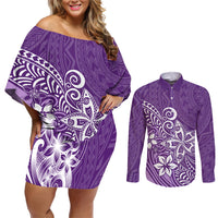 Polynesia Couples Matching Off Shoulder Short Dress and Long Sleeve Button Shirts Plumeria Purple Curves LT7 - Wonder Print Shop