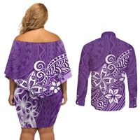 Polynesia Couples Matching Off Shoulder Short Dress and Long Sleeve Button Shirts Plumeria Purple Curves LT7 - Wonder Print Shop
