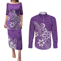 Polynesia Couples Matching Puletasi Dress and Long Sleeve Button Shirts Plumeria Purple Curves LT7 - Wonder Print Shop