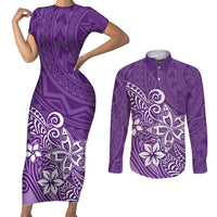 Polynesia Couples Matching Short Sleeve Bodycon Dress and Long Sleeve Button Shirts Plumeria Purple Curves LT7 - Wonder Print Shop