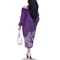 Polynesia Off The Shoulder Long Sleeve Dress Plumeria Purple Curves - Wonder Print Shop