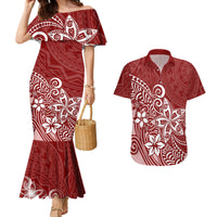 Polynesia Couples Matching Mermaid Dress And Hawaiian Shirt Plumeria Red Curves LT7 - Wonder Print Shop