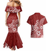 Polynesia Couples Matching Mermaid Dress And Hawaiian Shirt Plumeria Red Curves LT7 - Wonder Print Shop