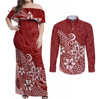 Polynesia Couples Matching Off Shoulder Maxi Dress and Long Sleeve Button Shirts Plumeria Red Curves LT7 - Wonder Print Shop