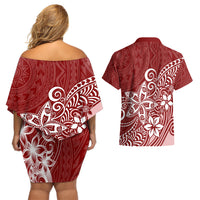 Polynesia Couples Matching Off Shoulder Short Dress and Hawaiian Shirt Plumeria Red Curves LT7 - Wonder Print Shop