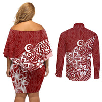 Polynesia Couples Matching Off Shoulder Short Dress and Long Sleeve Button Shirts Plumeria Red Curves LT7 - Wonder Print Shop