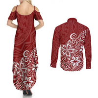 Polynesia Couples Matching Summer Maxi Dress and Long Sleeve Button Shirts Plumeria Red Curves LT7 - Wonder Print Shop