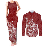 Polynesia Couples Matching Tank Maxi Dress and Long Sleeve Button Shirts Plumeria Red Curves LT7 - Wonder Print Shop