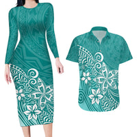 Polynesia Couples Matching Long Sleeve Bodycon Dress and Hawaiian Shirt Plumeria Teal Curves LT7 - Wonder Print Shop