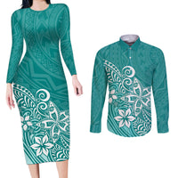 Polynesia Couples Matching Long Sleeve Bodycon Dress and Long Sleeve Button Shirts Plumeria Teal Curves LT7 - Wonder Print Shop