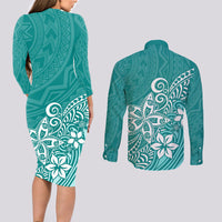 Polynesia Couples Matching Long Sleeve Bodycon Dress and Long Sleeve Button Shirts Plumeria Teal Curves LT7 - Wonder Print Shop