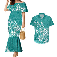 Polynesia Couples Matching Mermaid Dress And Hawaiian Shirt Plumeria Teal Curves LT7 - Wonder Print Shop