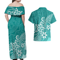 Polynesia Couples Matching Off Shoulder Maxi Dress and Hawaiian Shirt Plumeria Teal Curves LT7 - Wonder Print Shop