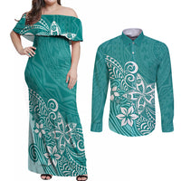Polynesia Couples Matching Off Shoulder Maxi Dress and Long Sleeve Button Shirts Plumeria Teal Curves LT7 - Wonder Print Shop