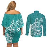 Polynesia Couples Matching Off Shoulder Short Dress and Long Sleeve Button Shirts Plumeria Teal Curves LT7 - Wonder Print Shop