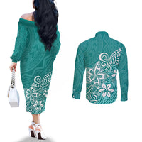 polynesia-couples-matching-off-the-shoulder-long-sleeve-dress-and-long-sleeve-button-shirts-plumeria-teal-curves