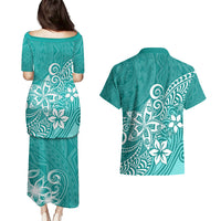 Polynesia Couples Matching Puletasi Dress and Hawaiian Shirt Plumeria Teal Curves LT7 - Wonder Print Shop
