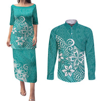 Polynesia Couples Matching Puletasi Dress and Long Sleeve Button Shirts Plumeria Teal Curves LT7 - Wonder Print Shop