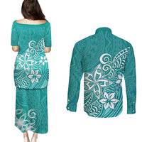 Polynesia Couples Matching Puletasi Dress and Long Sleeve Button Shirts Plumeria Teal Curves LT7 - Wonder Print Shop