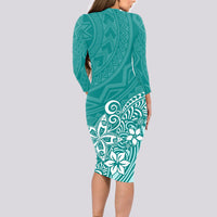 Polynesia Long Sleeve Bodycon Dress Plumeria Teal Curves - Wonder Print Shop