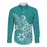 Polynesia Long Sleeve Button Shirt Plumeria Teal Curves - Wonder Print Shop