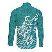 Polynesia Long Sleeve Button Shirt Plumeria Teal Curves - Wonder Print Shop