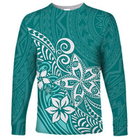 Polynesia Long Sleeve Shirt Plumeria Teal Curves - Wonder Print Shop