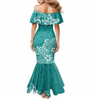 Polynesia Mermaid Dress Plumeria Teal Curves - Wonder Print Shop