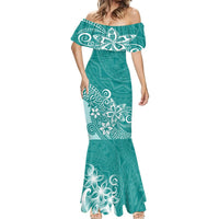 Polynesia Mermaid Dress Plumeria Teal Curves - Wonder Print Shop