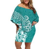 Polynesia Off Shoulder Short Dress Plumeria Teal Curves - Wonder Print Shop