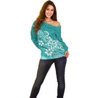 Polynesia Off Shoulder Sweater Plumeria Teal Curves - Wonder Print Shop