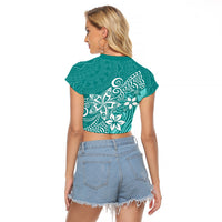 Polynesia Raglan Cropped T Shirt Plumeria Teal Curves - Wonder Print Shop