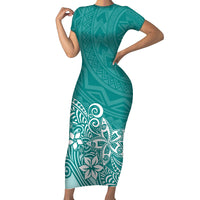 Polynesia Short Sleeve Bodycon Dress Plumeria Teal Curves - Wonder Print Shop