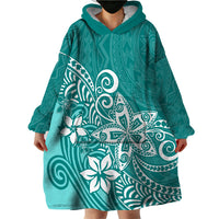 Polynesia Wearable Blanket Hoodie Plumeria Teal Curves - Wonder Print Shop