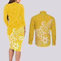 Polynesia Couples Matching Long Sleeve Bodycon Dress and Long Sleeve Button Shirts Plumeria Yellow Curves LT7 - Wonder Print Shop