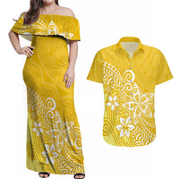 Polynesia Couples Matching Off Shoulder Maxi Dress and Hawaiian Shirt Plumeria Yellow Curves LT7 - Wonder Print Shop