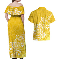 Polynesia Couples Matching Off Shoulder Maxi Dress and Hawaiian Shirt Plumeria Yellow Curves LT7 - Wonder Print Shop