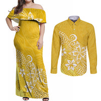 Polynesia Couples Matching Off Shoulder Maxi Dress and Long Sleeve Button Shirts Plumeria Yellow Curves LT7 - Wonder Print Shop