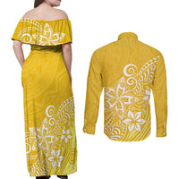 Polynesia Couples Matching Off Shoulder Maxi Dress and Long Sleeve Button Shirts Plumeria Yellow Curves LT7 - Wonder Print Shop