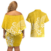 Polynesia Couples Matching Off Shoulder Short Dress and Hawaiian Shirt Plumeria Yellow Curves LT7 - Wonder Print Shop