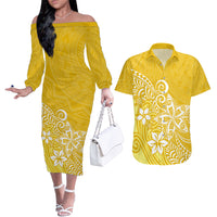 Polynesia Couples Matching Off The Shoulder Long Sleeve Dress and Hawaiian Shirt Plumeria Yellow Curves LT7 - Wonder Print Shop