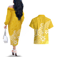 Polynesia Couples Matching Off The Shoulder Long Sleeve Dress and Hawaiian Shirt Plumeria Yellow Curves LT7 - Wonder Print Shop