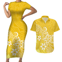 Polynesia Couples Matching Short Sleeve Bodycon Dress and Hawaiian Shirt Plumeria Yellow Curves LT7 - Wonder Print Shop