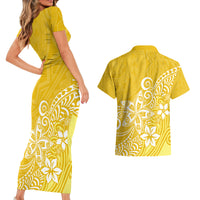 Polynesia Couples Matching Short Sleeve Bodycon Dress and Hawaiian Shirt Plumeria Yellow Curves LT7 - Wonder Print Shop