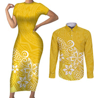 Polynesia Couples Matching Short Sleeve Bodycon Dress and Long Sleeve Button Shirts Plumeria Yellow Curves LT7 - Wonder Print Shop
