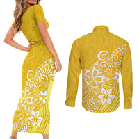 Polynesia Couples Matching Short Sleeve Bodycon Dress and Long Sleeve Button Shirts Plumeria Yellow Curves LT7 - Wonder Print Shop