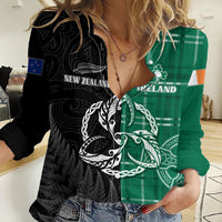 Personalised New Zealand Mix Ireland Rugby Women Casual Shirt Celtic Knot Mix Silver Ferns - Wonder Print Shop