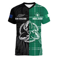 Personalised New Zealand Mix Ireland Rugby Women V Neck T Shirt Celtic Knot Mix Silver Ferns - Wonder Print Shop