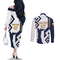 Ecuador Football Custom Couples Matching Off The Shoulder Long Sleeve Dress and Long Sleeve Button Shirt La Tricolors 2024 Virgen de El Panecillo