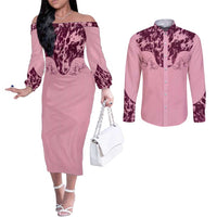 Cowboys Wild West Couples Matching Off The Shoulder Long Sleeve Dress and Long Sleeve Button Shirt Pink Cow Prints - Wonder Print Shop